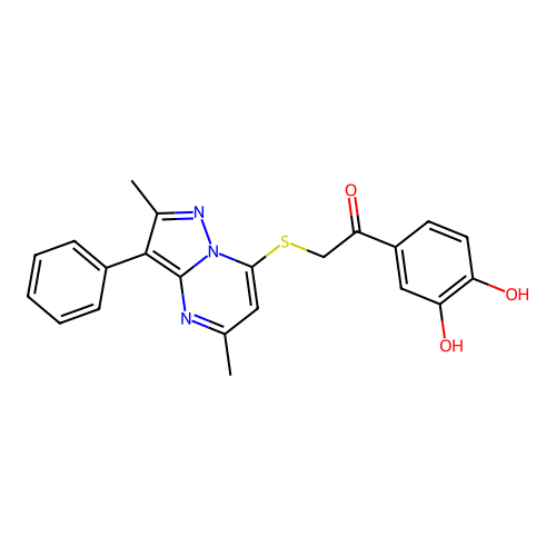1-(3,4-dihydroxyphenyl)-2-(2,5-dimethyl-3-phenylpyrazolo[1,5-a]pyrimidin-7-yl)sulfanylethanone structure