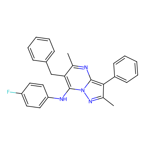6-benzyl-N-(4-fluorophenyl)-2,5-dimethyl-3-phenylpyrazolo[1,5-a]pyrimidin-7-amine structure