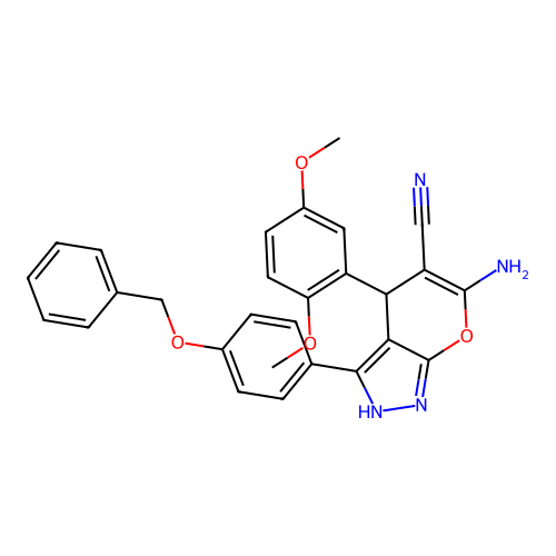 6-amino-3-(4-(benzyloxy)phenyl)-4-(2,5-dimethoxyphenyl)-1,4-dihydropyrano[2,3-c]pyrazole-5-carbonitrile structure