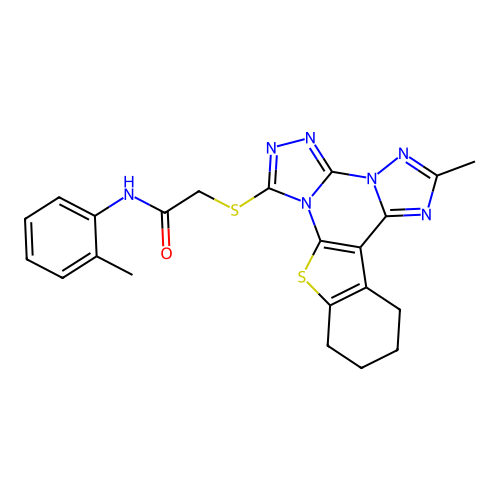 2-((2-methyl-10,11,12,13-tetrahydrobenzo[4,5]thieno[3,2-e]bis([1,2,4]triazolo)[4,3-a:1',5'-c]pyrimidin-7-yl)thio)-N-(o-tolyl)acetamide structure