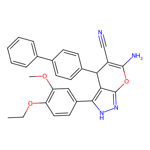 4-([1,1'-biphenyl]-4-yl)-6-amino-3-(4-ethoxy-3-methoxyphenyl)-1,4-dihydropyrano[2,3-c]pyrazole-5-carbonitrile structure