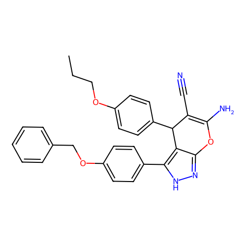 6-amino-3-(4-(benzyloxy)phenyl)-4-(4-propoxyphenyl)-1,4-dihydropyrano[2,3-c]pyrazole-5-carbonitrile structure
