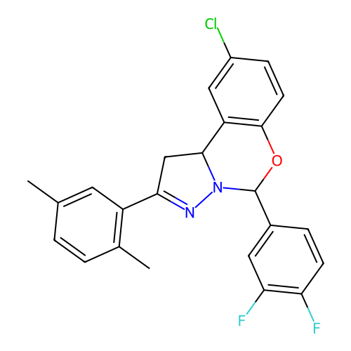 9-chloro-5-(3,4-difluorophenyl)-2-(2,5-dimethylphenyl)-1,10b-dihydropyrazolo[1,5-c][1,3]benzoxazine structure