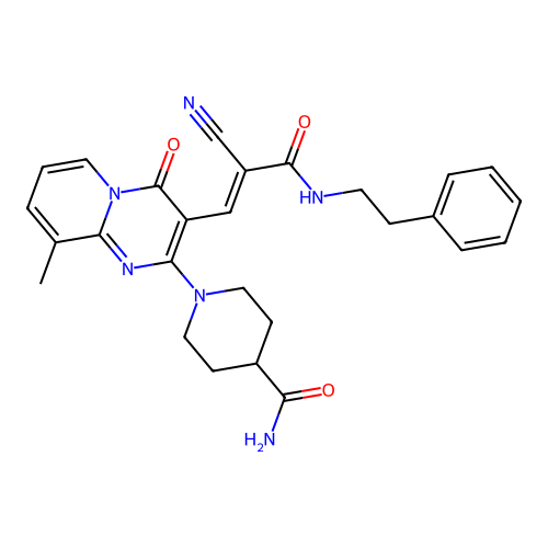 (E)-1-(3-(2-cyano-3-oxo-3-(phenethylamino)prop-1-en-1-yl)-9-methyl-4-oxo-4H-pyrido[1,2-a]pyrimidin-2-yl)piperidine-4-carboxamide structure