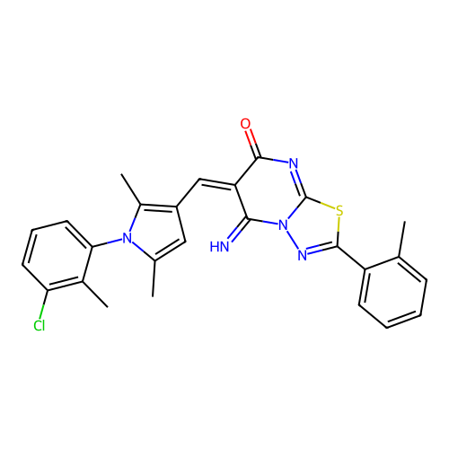 (6E)-6-[[1-(3-chloro-2-methylphenyl)-2,5-dimethylpyrrol-3-yl]methylidene]-5-imino-2-(2-methylphenyl)-[1,3,4]thiadiazolo[3,2-a]pyrimidin-7-one structure
