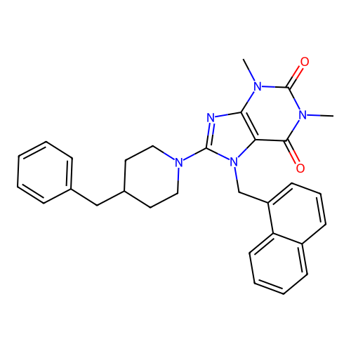 8-(4-benzyl-1-piperidyl)-1,3-dimethyl-7-(naphthalen-1-ylmethyl)purine-2,6-dione structure