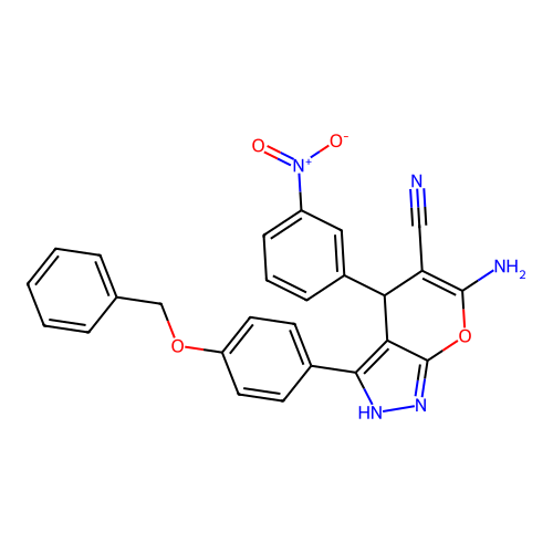 6-amino-3-(4-(benzyloxy)phenyl)-4-(3-nitrophenyl)-1,4-dihydropyrano[2,3-c]pyrazole-5-carbonitrile structure