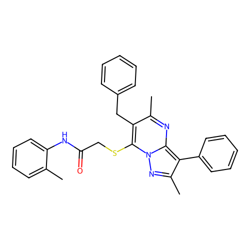 2-[(6-benzyl-2,5-dimethyl-3-phenylpyrazolo[1,5-a]pyrimidin-7-yl)sulfanyl]-N-(2-methylphenyl)acetamide structure