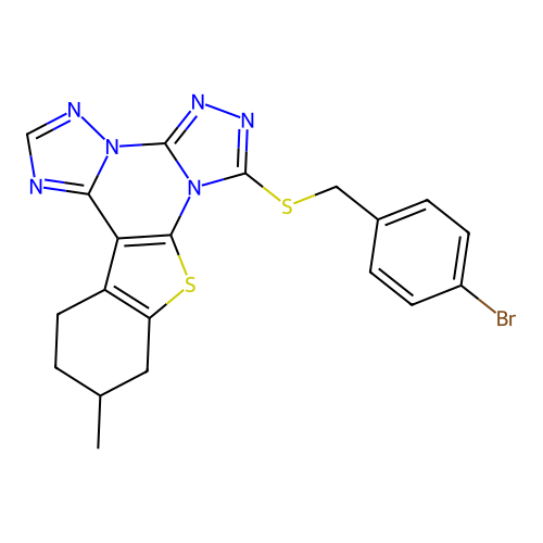 7-((4-bromobenzyl)thio)-11-methyl-10,11,12,13-tetrahydrobenzo[4,5]thieno[3,2-e]bis([1,2,4]triazolo)[4,3-a:1',5'-c]pyrimidine structure