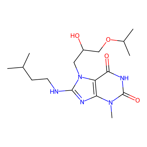7-(2-hydroxy-3-propan-2-yloxypropyl)-3-methyl-8-(3-methylbutylamino)purine-2,6-dione structure