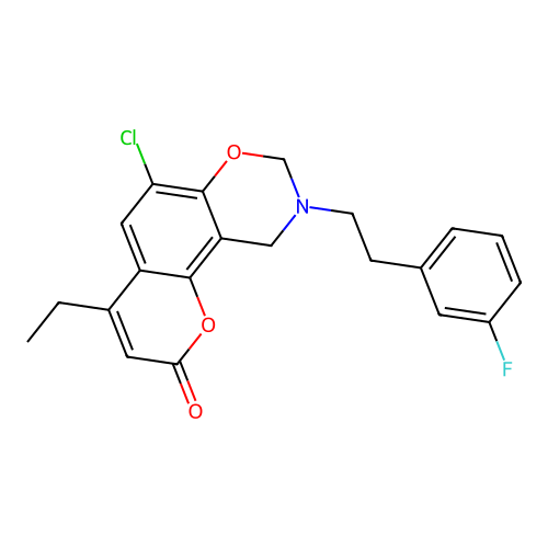 6-chloro-4-ethyl-9-(3-fluorophenethyl)-9,10-dihydrochromeno[8,7-e][1,3]oxazin-2(8H)-one structure