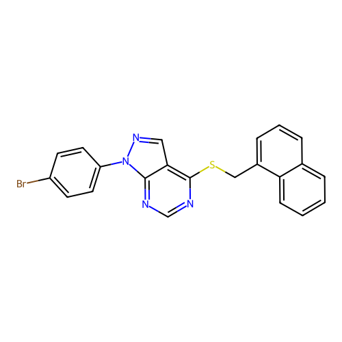 1-(4-bromophenyl)-4-((naphthalen-1-ylmethyl)thio)-1H-pyrazolo[3,4-d]pyrimidine structure