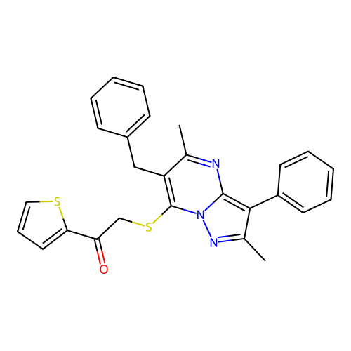 2-[(6-benzyl-2,5-dimethyl-3-phenylpyrazolo[1,5-a]pyrimidin-7-yl)sulfanyl]-1-(thiophen-2-yl)ethanone structure