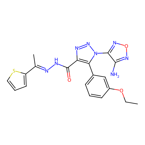 (E)-1-(4-amino-1,2,5-oxadiazol-3-yl)-5-(3-ethoxyphenyl)-N'-(1-(thiophen-2-yl)ethylidene)-1H-1,2,3-triazole-4-carbohydrazide structure