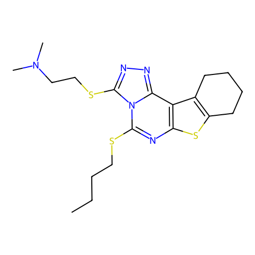 2-((5-(butylthio)-8,9,10,11-tetrahydrobenzo[4,5]thieno[3,2-e][1,2,4]triazolo[4,3-c]pyrimidin-3-yl)thio)-N,N-dimethylethanamine structure