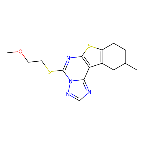 5-((2-methoxyethyl)thio)-10-methyl-8,9,10,11-tetrahydrobenzo[4,5]thieno[3,2-e][1,2,4]triazolo[1,5-c]pyrimidine structure