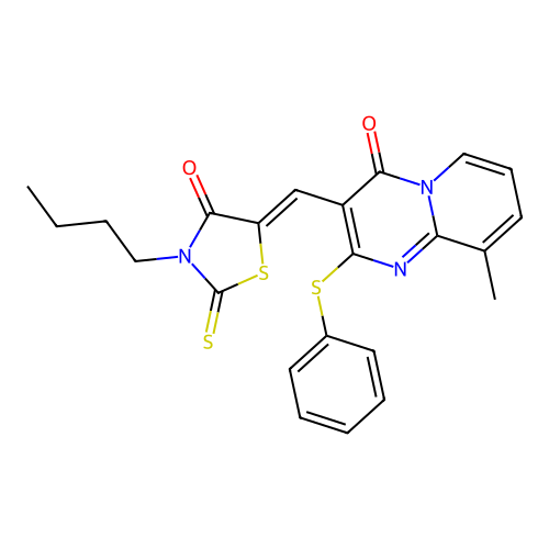 3-[(Z)-(3-butyl-4-oxo-2-thioxo-1,3-thiazolidin-5-ylidene)methyl]-9-methyl-2-(phenylsulfanyl)-4H-pyrido[1,2-a]pyrimidin-4-one structure