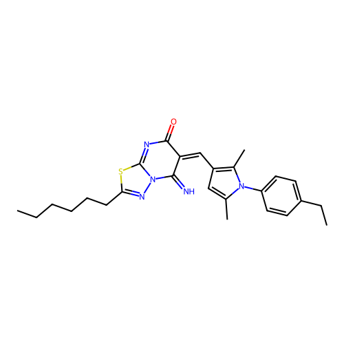 (E)-6-((1-(4-ethylphenyl)-2,5-dimethyl-1H-pyrrol-3-yl)methylene)-2-hexyl-5-imino-5H-[1,3,4]thiadiazolo[3,2-a]pyrimidin-7(6H)-one structure