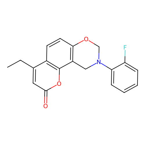 4-ethyl-9-(2-fluorophenyl)-9,10-dihydro-2H,8H-chromeno[8,7-e][1,3]oxazin-2-one structure
