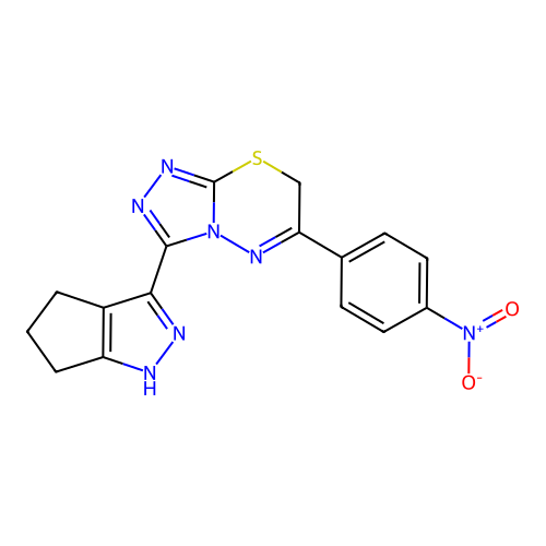 6-(4-nitrophenyl)-3-(1,4,5,6-tetrahydrocyclopenta[c]pyrazol-3-yl)-7H-[1,2,4]triazolo[3,4-b][1,3,4]thiadiazine structure