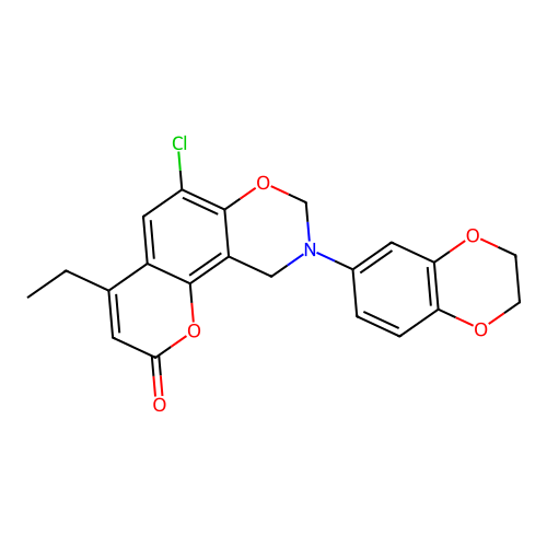 6-chloro-9-(2,3-dihydro-1,4-benzodioxin-6-yl)-4-ethyl-8,10-dihydropyrano[2,3-f][1,3]benzoxazin-2-one structure