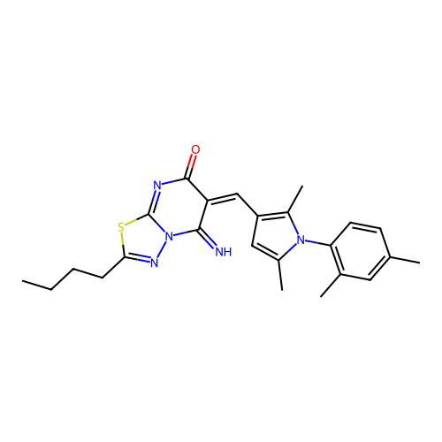(6E)-2-butyl-6-[[1-(2,4-dimethylphenyl)-2,5-dimethylpyrrol-3-yl]methylidene]-5-imino-[1,3,4]thiadiazolo[3,2-a]pyrimidin-7-one structure