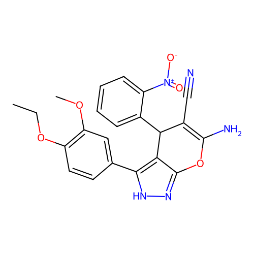 6-amino-3-(4-ethoxy-3-methoxyphenyl)-4-(2-nitrophenyl)-2,4-dihydropyrano[2,3-c]pyrazole-5-carbonitrile structure