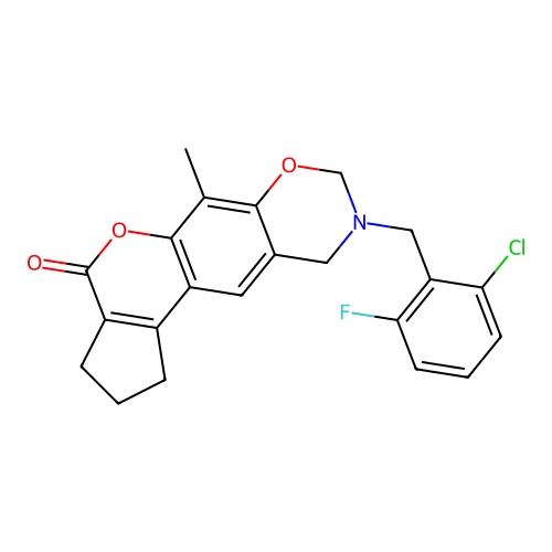 9-(2-chloro-6-fluorobenzyl)-6-methyl-2,3,9,10-tetrahydro-1H-cyclopenta[3,4]chromeno[6,7-e][1,3]oxazin-4(8H)-one structure