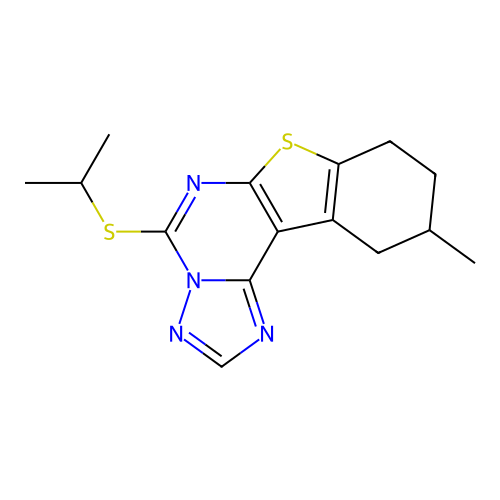 10-methyl-5-(propan-2-ylsulfanyl)-8,9,10,11-tetrahydro[1]benzothieno[3,2-e][1,2,4]triazolo[1,5-c]pyrimidine structure