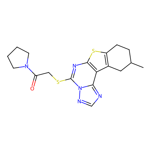 2-((10-methyl-8,9,10,11-tetrahydrobenzo[4,5]thieno[3,2-e][1,2,4]triazolo[1,5-c]pyrimidin-5-yl)thio)-1-(pyrrolidin-1-yl)ethanone structure