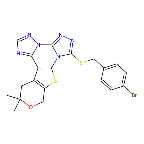 7-((4-bromobenzyl)thio)-12,12-dimethyl-12,13-dihydro-10H-pyrano[4',3':4,5]thieno[3,2-e]bis([1,2,4]triazolo)[4,3-a:1',5'-c]pyrimidine structure
