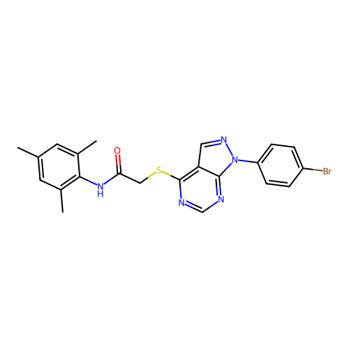 2-((1-(4-bromophenyl)-1H-pyrazolo[3,4-d]pyrimidin-4-yl)thio)-N-mesitylacetamide structure