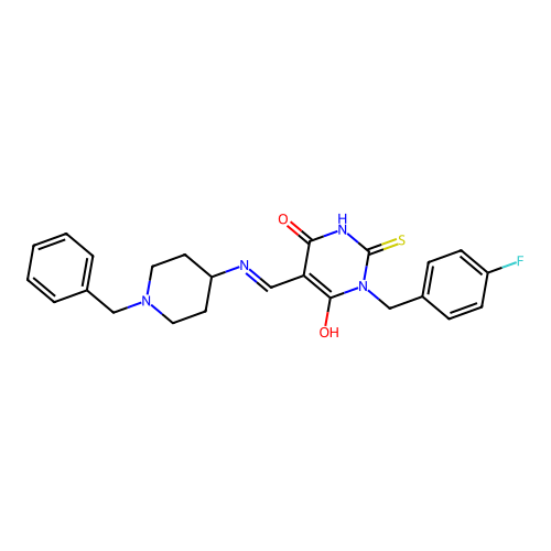 (5E)-5-[[(1-benzylpiperidin-4-yl)amino]methylidene]-1-[(4-fluorophenyl)methyl]-2-sulfanylidene-1,3-diazinane-4,6-dione structure