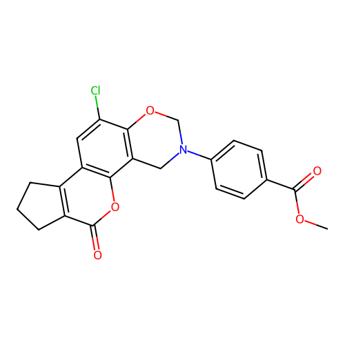 methyl 4-(11-chloro-6-oxo-6,7,8,9-tetrahydro-2H-cyclopenta[3,4]chromeno[8,7-e][1,3]oxazin-3(4H)-yl)benzoate structure