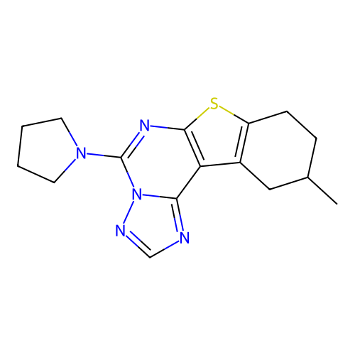 10-methyl-5-(pyrrolidin-1-yl)-8,9,10,11-tetrahydro[1]benzothieno[3,2-e][1,2,4]triazolo[1,5-c]pyrimidine structure