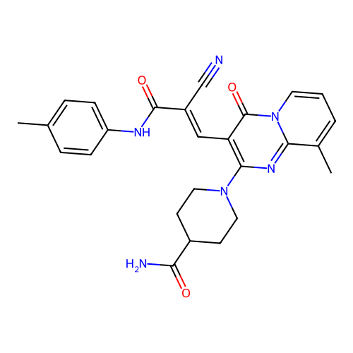 (E)-1-(3-(2-cyano-3-oxo-3-(p-tolylamino)prop-1-en-1-yl)-9-methyl-4-oxo-4H-pyrido[1,2-a]pyrimidin-2-yl)piperidine-4-carboxamide structure