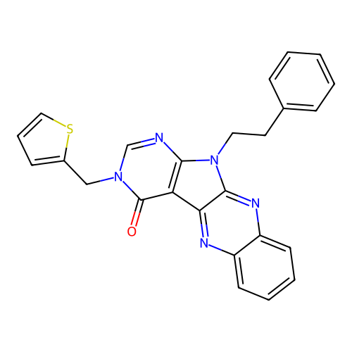 11-(2-phenylethyl)-3-(thiophen-2-ylmethyl)-3,11-dihydro-4H-pyrimido[5',4':4,5]pyrrolo[2,3-b]quinoxalin-4-one structure