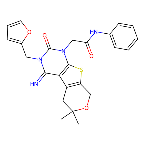 2-[3-(2-furanylmethyl)-4-imino-6,6-dimethyl-2-oxo-5,8-dihydropyrano[2,3]thieno[2,4-b]pyrimidin-1-yl]-N-phenylacetamide structure