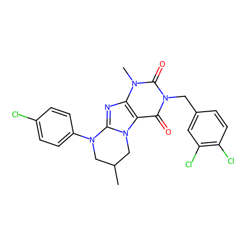 9-(4-chlorophenyl)-3-[(3,4-dichlorophenyl)methyl]-1,7-dimethyl-7,8-dihydro-6H-purino[7,8-a]pyrimidine-2,4-dione structure