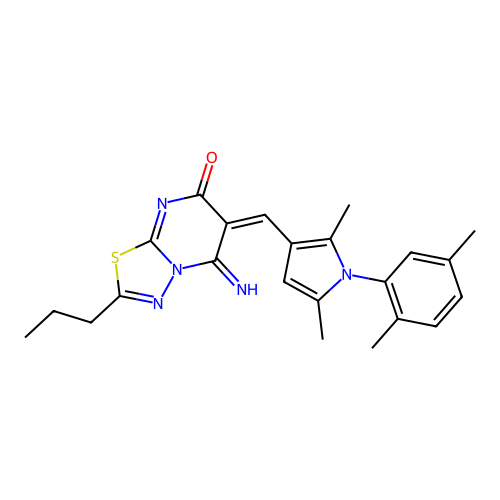 (6E)-6-[[1-(2,5-dimethylphenyl)-2,5-dimethylpyrrol-3-yl]methylidene]-5-imino-2-propyl-[1,3,4]thiadiazolo[3,2-a]pyrimidin-7-one structure