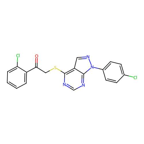 1-(2-chlorophenyl)-2-((1-(4-chlorophenyl)-1H-pyrazolo[3,4-d]pyrimidin-4-yl)thio)ethanone structure