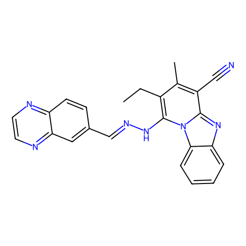 2-ethyl-3-methyl-1-[2-(quinoxalin-6-ylmethylidene)hydrazinyl]pyrido[1,2-a]benzimidazole-4-carbonitrile structure