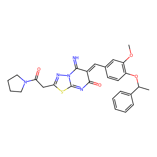 (6Z)-5-imino-6-[[3-methoxy-4-(1-phenylethoxy)phenyl]methylidene]-2-(2-oxo-2-pyrrolidin-1-ylethyl)-[1,3,4]thiadiazolo[3,2-a]pyrimidin-7-one structure