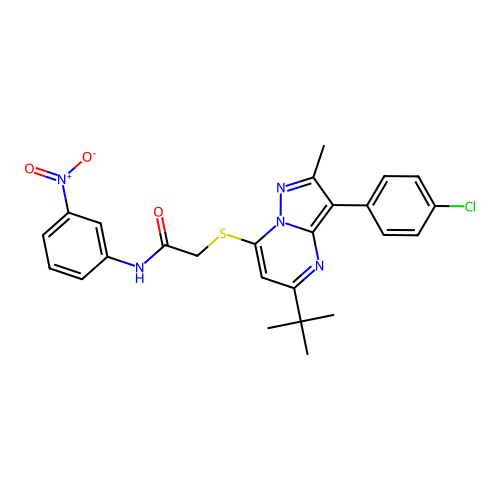 2-((5-(tert-butyl)-3-(4-chlorophenyl)-2-methylpyrazolo[1,5-a]pyrimidin-7-yl)thio)-N-(3-nitrophenyl)acetamide structure