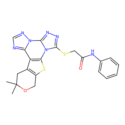 2-((12,12-dimethyl-12,13-dihydro-10H-pyrano[4',3':4,5]thieno[3,2-e]bis([1,2,4]triazolo)[4,3-a:1',5'-c]pyrimidin-7-yl)thio)-N-phenylacetamide structure