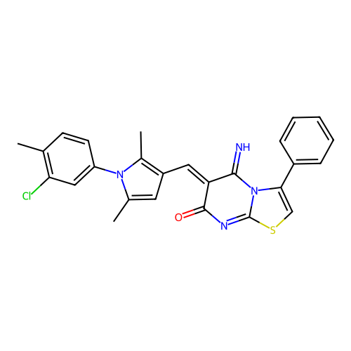 (6Z)-6-[[1-(3-chloro-4-methylphenyl)-2,5-dimethylpyrrol-3-yl]methylidene]-5-imino-3-phenyl-[1,3]thiazolo[3,2-a]pyrimidin-7-one structure