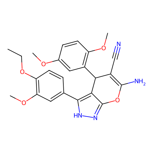 6-amino-4-(2,5-dimethoxyphenyl)-3-(4-ethoxy-3-methoxyphenyl)-2,4-dihydropyrano[2,3-c]pyrazole-5-carbonitrile structure