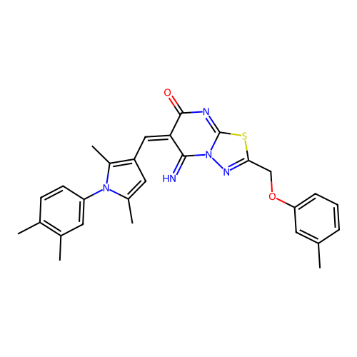 (E)-6-((1-(3,4-dimethylphenyl)-2,5-dimethyl-1H-pyrrol-3-yl)methylene)-5-imino-2-((m-tolyloxy)methyl)-5H-[1,3,4]thiadiazolo[3,2-a]pyrimidin-7(6H)-one structure