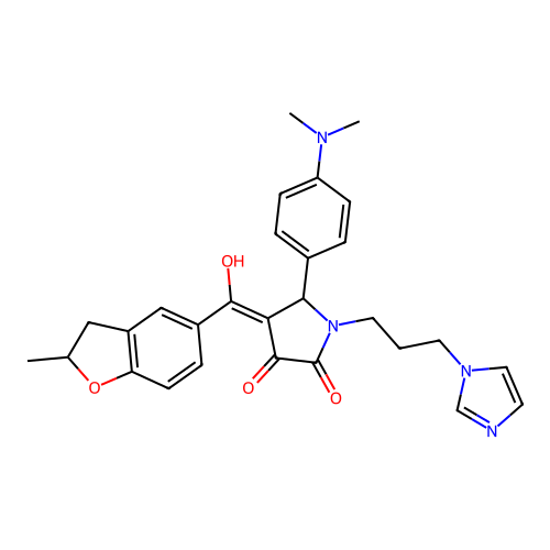 (4E)-5-(4-dimethylaminophenyl)-4-[hydroxy-(2-methyl-2,3-dihydro-1-benzofuran-5-yl)methylidene]-1-(3-imidazol-1-ylpropyl)pyrrolidine-2,3-dione structure