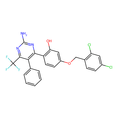 2-(2-amino-5-phenyl-6-(trifluoromethyl)pyrimidin-4-yl)-5-((2,4-dichlorobenzyl)oxy)phenol structure